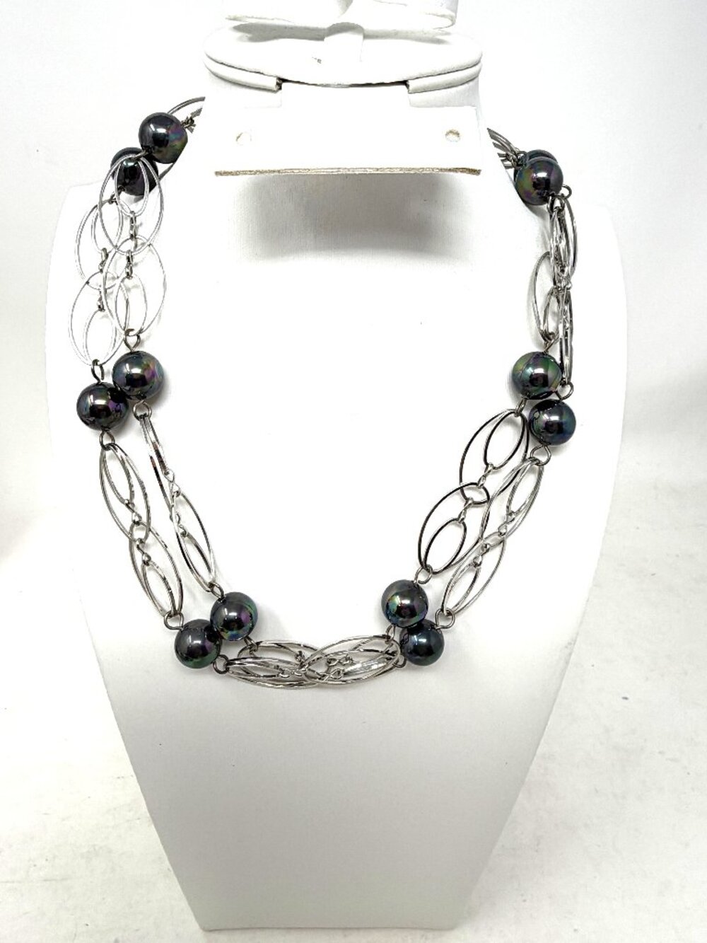 Peacock Faux Pearl Necklace 36" Iridescent Black Beads Silver Tone Chain